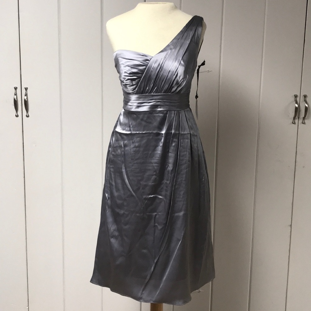 Silver grey silk cocktail bridesmaid dress